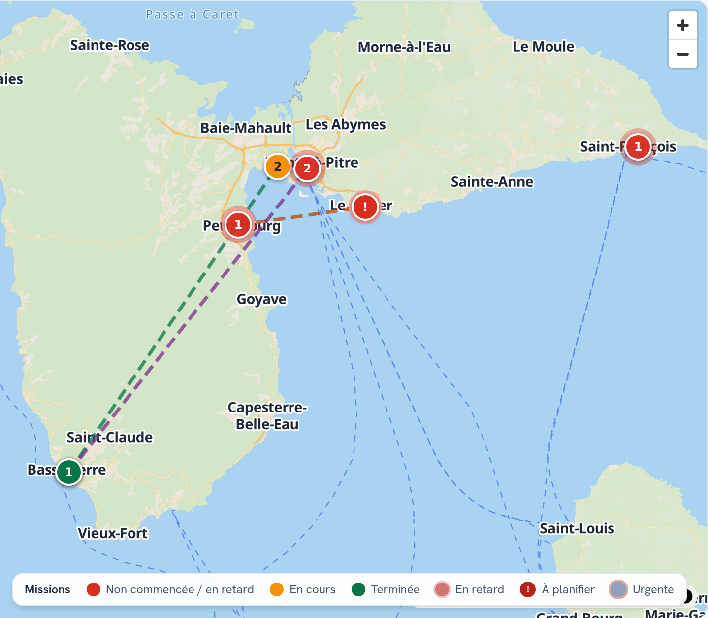 Carte de dispatch FlexiField : tournées du jour, interventions colorées par statut et tracés des techniciens en Guadeloupe